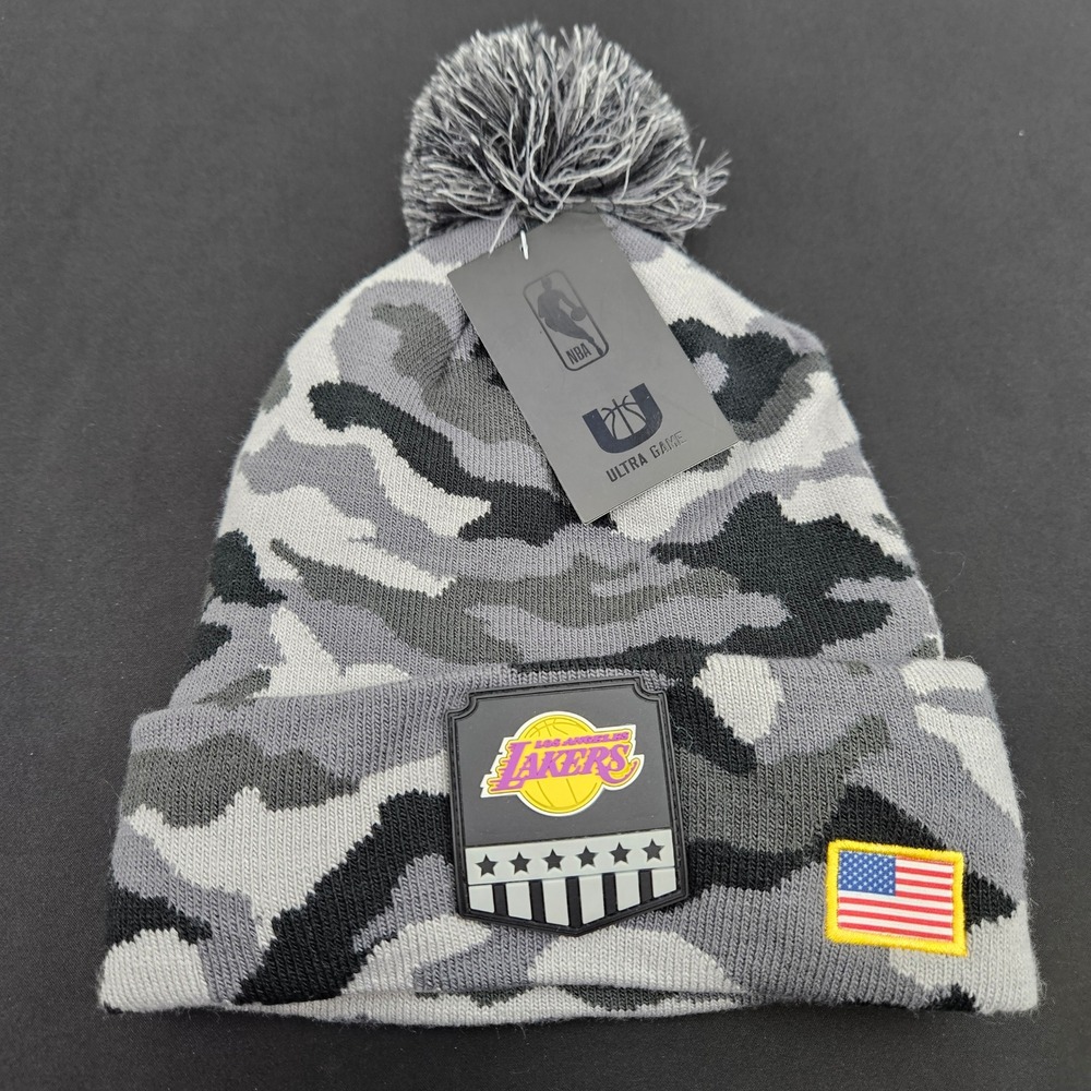 NBA Ultra Game Salute to Service Los Angeles Lakers Grey Camo Pom Beanie Hat New